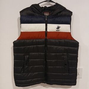 Beverly Hills Polo Club Black Puffer Vest with Red, White, and Blue Stripes
